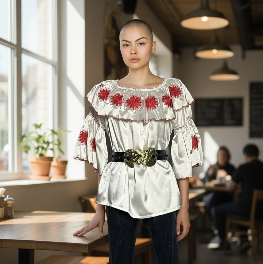 New Elegant White and Red Ruffle Satin Floral Embroidery Blouse One Size